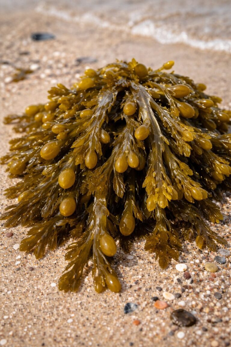 Morszczyn pęcherzykowaty (Fucus vesiculosus) na plaży – alga morska o właściwościach zdrowotnych