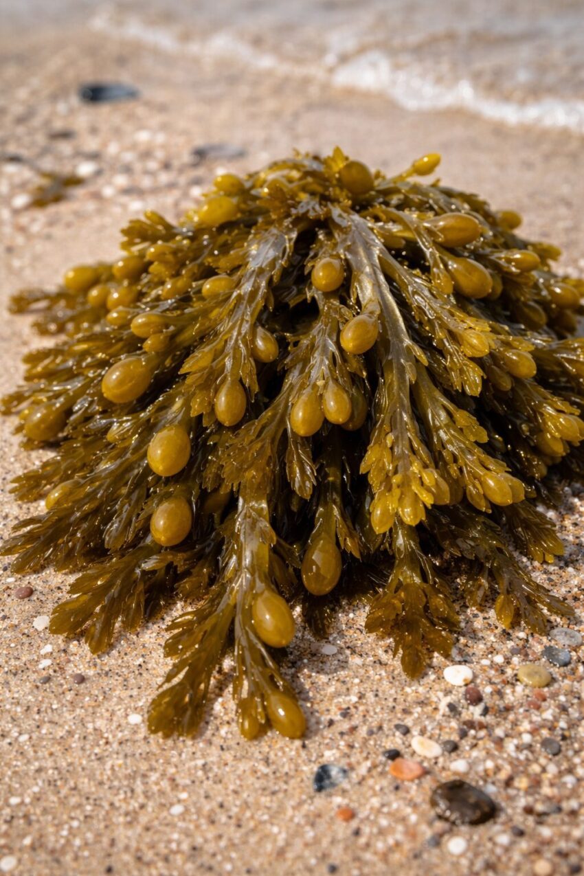Morszczyn pęcherzykowaty (Fucus vesiculosus) na plaży – alga morska o właściwościach zdrowotnych