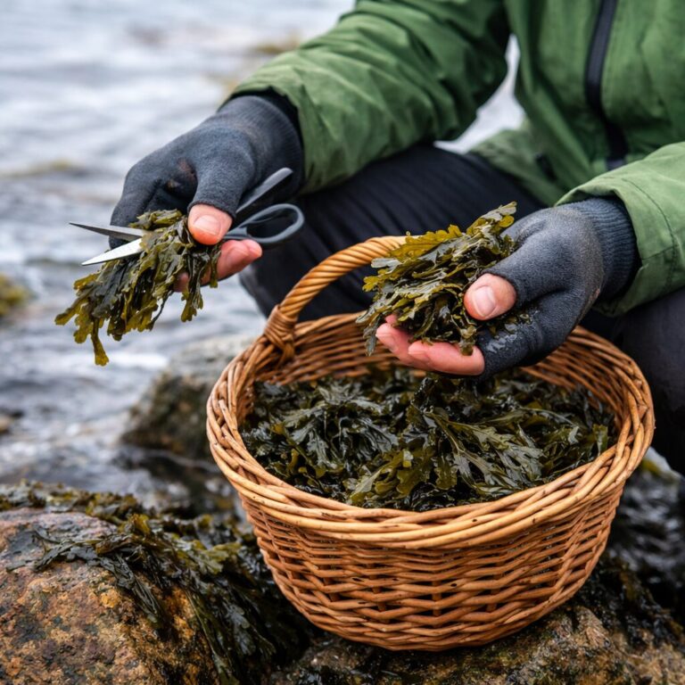 Osoba zbierająca morszczyn pęcherzykowaty na kamienistym wybrzeżu, odcina fragmenty algi i wkłada je do kosza. Praktyczne przygotowanie morszczynu do spożycia.